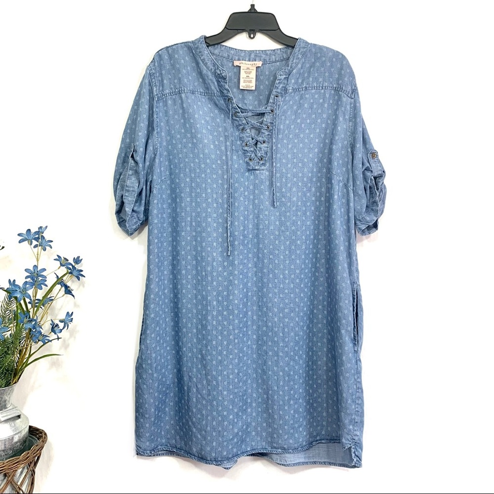 Philosophy Women's Blue White Chambray Short Sleeve Lace Up Denim Tunic Dress